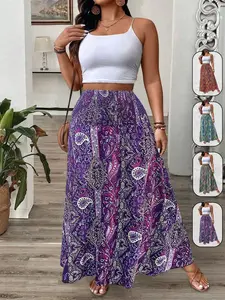 Women's Plus Size Maxi Skirt Boho Floral Print Smocked High Waist A-Line Flowy Flared Skirts Casual Summer Beach Vacation Festival Outfits Trendy
