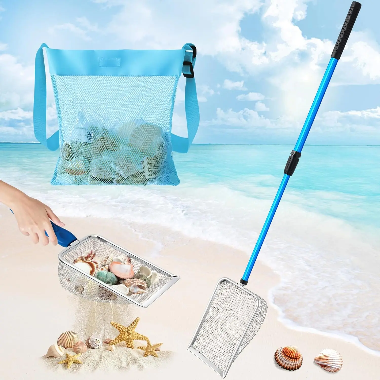 3 Pcs 28" Blue Shark Tooth Sifter Long Handle Beach Sand Sifter Mesh Shovel with Detachable Seashell Bag, Beach Shelling Tools for Family Outdoor Beach Activities