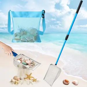 3 Pcs 28" Blue Shark Tooth Sifter Long Handle Beach Sand Sifter Mesh Shovel with Detachable Seashell Bag, Beach Shelling Tools for Family Outdoor Beach Activities
