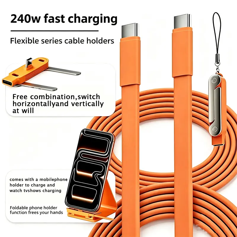 240W Super Fast Charging Foldable Silicone Invisible Rotate Stand Type-C Data Cable - 2-in-1 Electronic Cord with Cellphone Holder for Mobile Devices, Car Accessories
