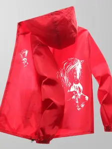 Trendy Horse Head Graphic Jacket, Striking Line Art, Lightweight Hooded Windbreaker, Slim-Fitting, Perfect for Horse Lovers