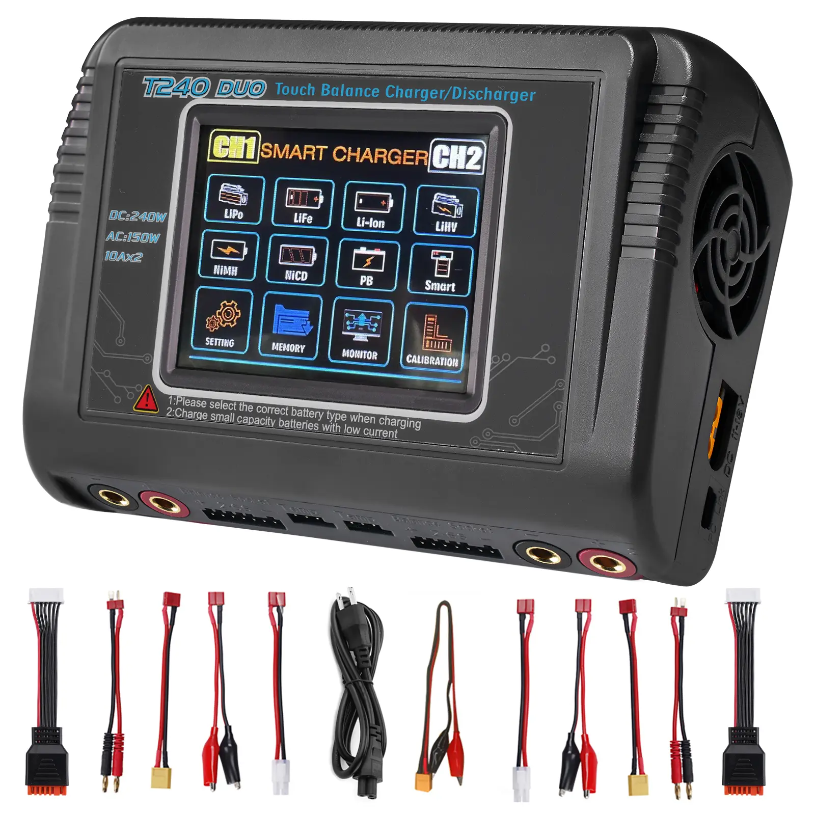 T240 Duo Dual-Charge Battery Charger Station, AC 150W/DC 240W 150w/240w Lipo Nicd NIMH SLA LIFE Compact Unit with Balancer, Balancing Helps Preserve Life