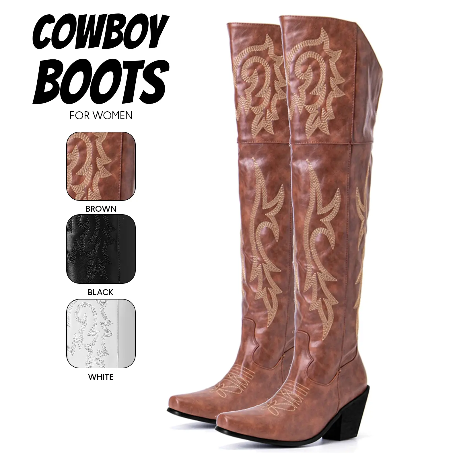 Cowboy Boots For Women Over The Knee Pointed Toe Western Boots Vintage Embroidery Chunky Block Heel Side Zipper Tall Cowgirl Boots for Wedding Party Dance Club Country Style Dress Shoes