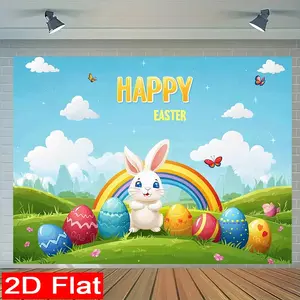 （JIT)1PC, Happy Easter Rainbow Butterfly Easter Egg and White Rabbit 2D flat photography background cloth and party banners, suitable for New Year celebrations, holiday parties, home photography, garden decoration backgrounds