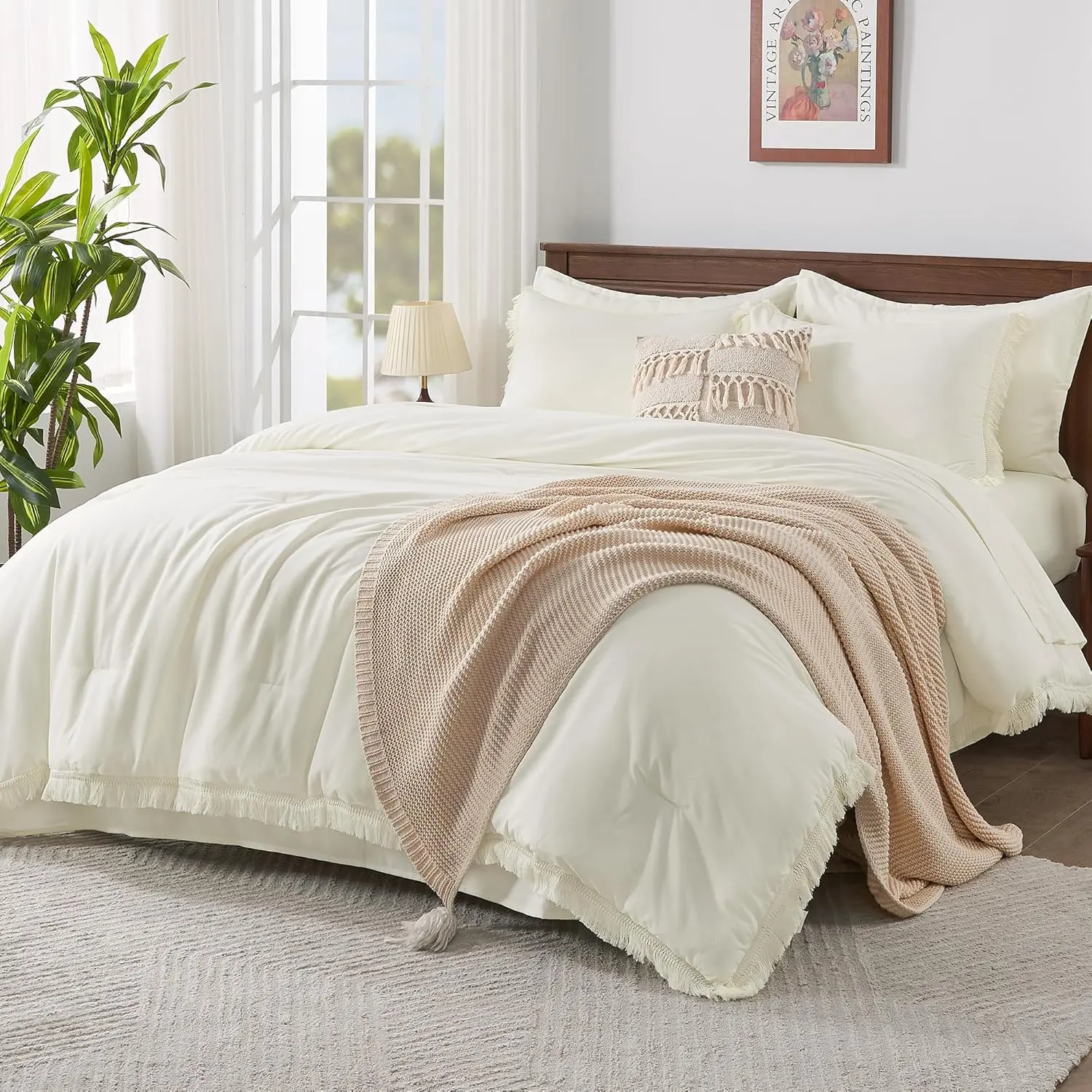 Ivory King Size 7-Piece Boho Vibe Bedding Set - Lightweight, Breathable, Durable, Modern, All-Seasons, Handmade Fringe-Tassel Edge Comforter with Hidden Stitching, Pillowcase Shams