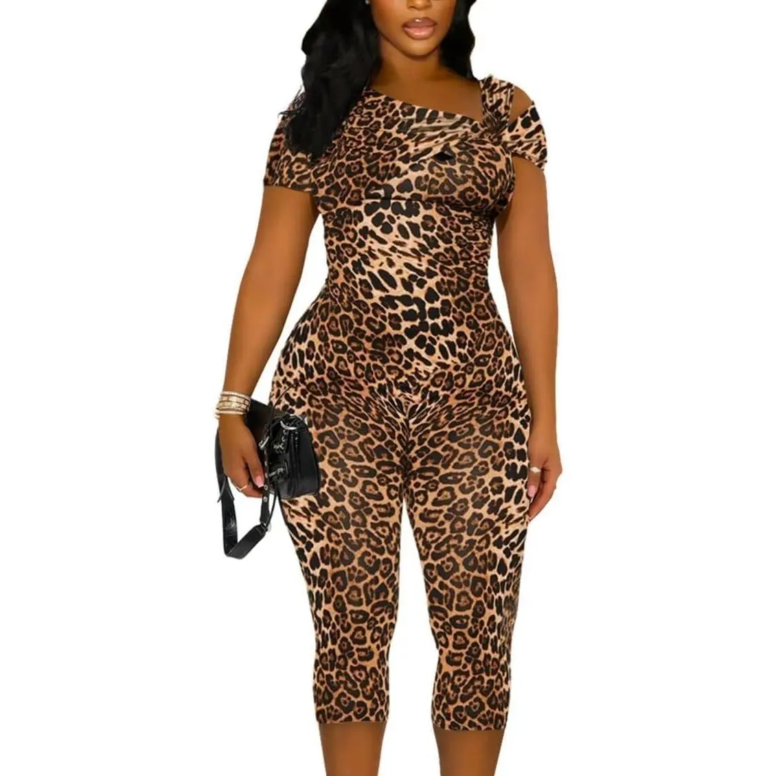 Women's Leopard Capri Jumpsuit - Summer Casual One Piece Jumpsuits Bodycon Short Sleeve Romper Outfits Travel