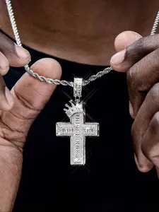 Stylish Charm Copper Zircon Iced Out Cross Pendant Necklace, High Quality Stainless Steel Chain, Unisex Daily Wear Jewelry