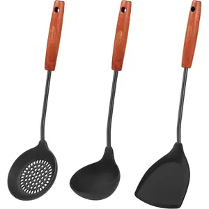 Wok Tools, Wok Utensil,Wok Spatula,Ladle,Skimmer Tool Set,Non Stick Heat-Resistant  Cooking Utensils  Kitchen Utensils Cookware, Pack of 3,Black