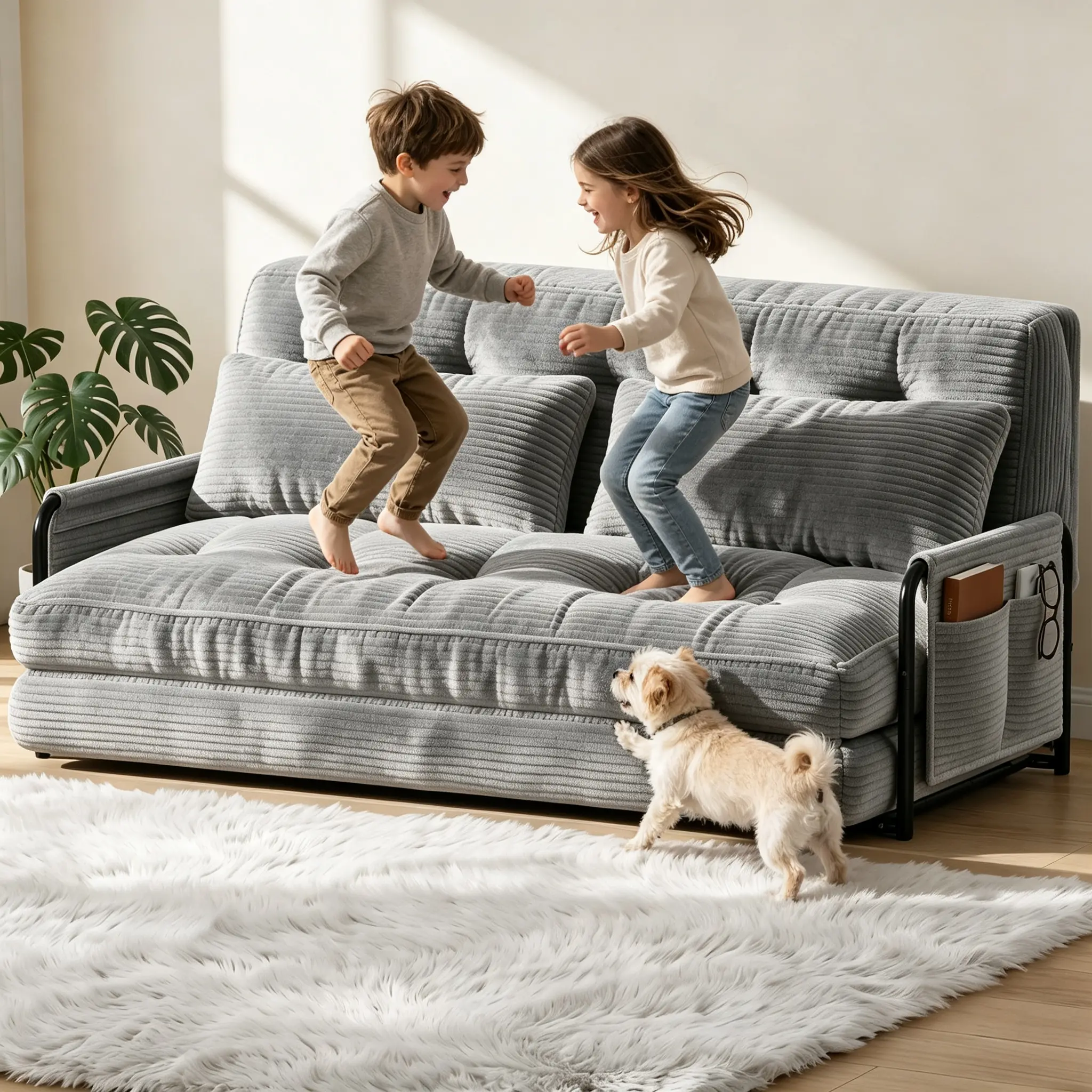 Mr IRONSTONE Loveseat-Beige Corded Upholstery Adjustable Sofa with Foam, 5-Position Adjustment Backrest, Armrest, 2 Pillows, Button Tufting, Foldable Lazy Sofa Sleeper Bed, Assembly Required for Bedroom, Living Room