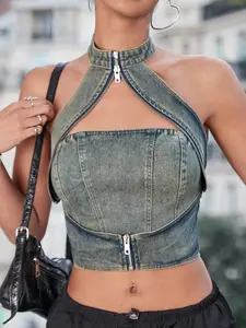 Women's Summer Halter-neck Short Denim Top, Vintage Denim Cropped Halter Vest, Double-zipper Design, Sexy Open-back Camisole.