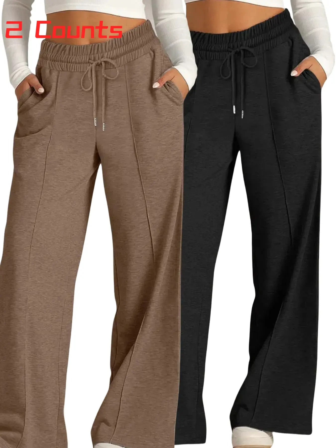 Women's High Waist Drawstring Baggy Loose Fit Wide Leg Solid Pants Bottoms, Casual Elastic Waist Long Trousers with Pockets, All Seasons Wearable Home Clothes