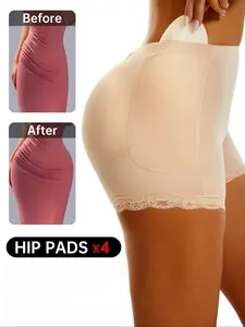 1 Count Women's Plain Contrast Lace High Waist Shapewear Shorts with Hip Padding, Casual High Stretch Firm Tummy Control Butt Lift Shapewear Panties, Ladies Shapewear Bottoms, Womenswear，Women's Shapewear Pants，Underwear，Suitable For Daily Wear