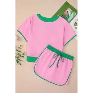 Bonbon Colorblock Edge Drop Shoulder T Shirt and Skort 2Pcs Set