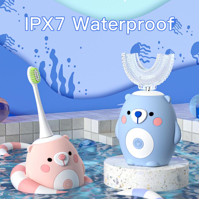 Kids Electric Toothbrush U-Shaped，6 Brush Heads Five Cleaning Modes IPX7 Waterproof Design Mermaid Rechargeable Smart Timer for Children-Kids Travel Essentials Cleansing