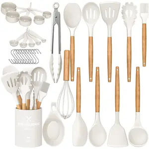 33 pcs Non-stick Silicone Cooking Kitchen Utensils Spatula Set with Holder, Wooden Handle Silicone Kitchen Gadgets Utensil Set Plastic