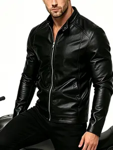 Classic Men's PU Leather Motorcycle Jacket, Casual Stand Collar Zipper Riding Coat, Versatile Streetwear for Daily Wear