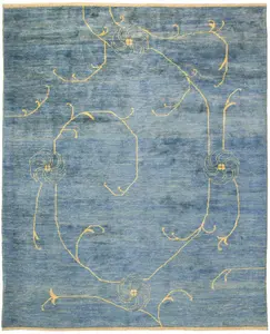 Luxury Hand Knotted Wool Pile Rug - Blue & Yellow (6' 7" x 8') | Woven Wonders