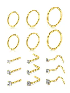 15pcs/set Fashion Rhinestone Decorated Nose Studs, Nose Rings for Women and Men, Stainless Steel Body Jewelry, Nose Piercing Jewelry for Daily Wear, Nose Rings Hoops