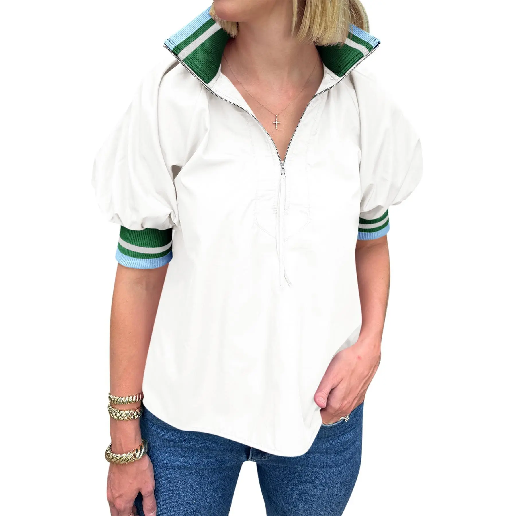Skoinvb Womens Puff Sleeve Tops Blouse Color Block Half Zip V Neck Pullover Trendy Summer Casual Loose Fit Shirts