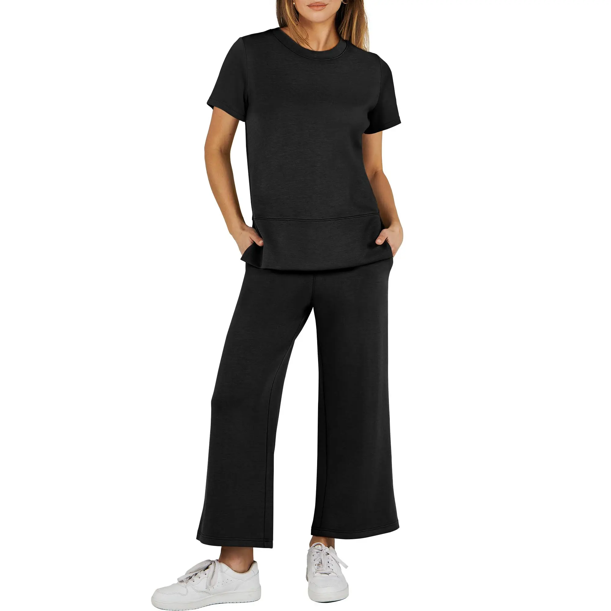 ANRABESS Women 2 Piece Outfits Summer ShortSleeve Wide Leg Tracksuits Casual Matching Lounge Sets Sweatsuits Basic Travel Clothes Crewneck High Waist