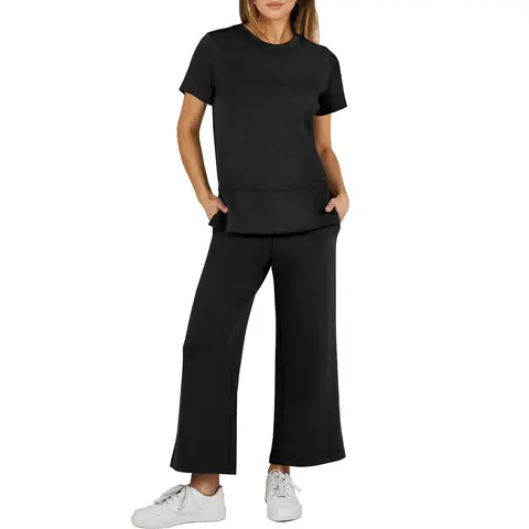 ANRABESS Women 2 Piece Outfits Summer ShortSleeve Wide Leg Tracksuits Casual Matching Lounge Sets Sweatsuits Basic Travel Clothes Crewneck High Waist