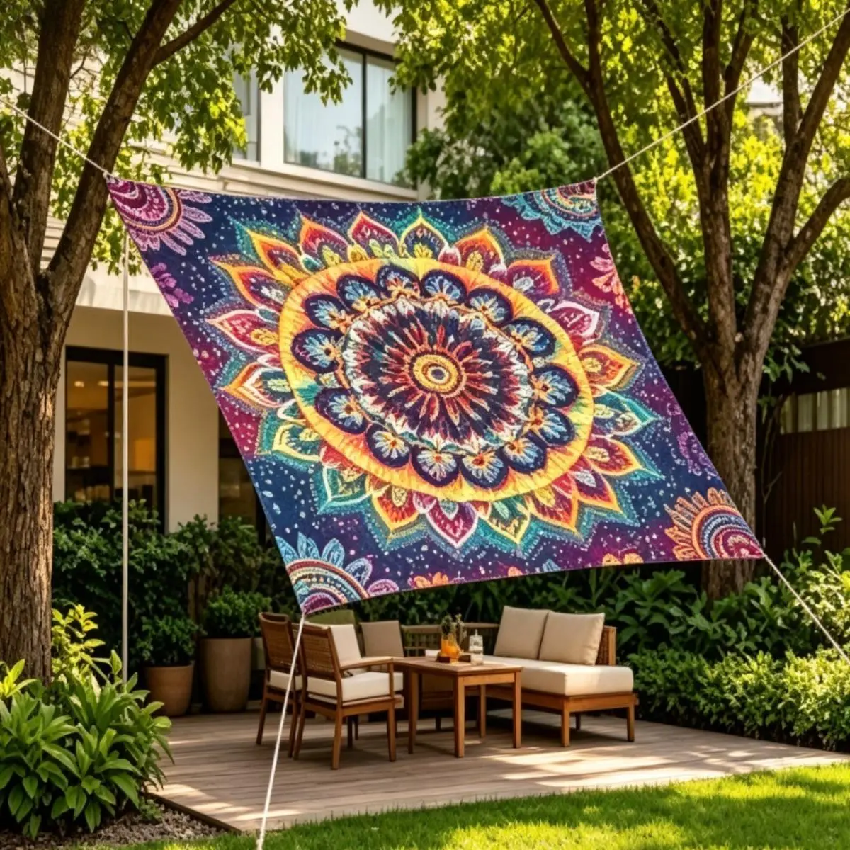 Sun Shade Sail Mandala Rainbow Pattern Outdoor Canopy Lightweight Portable Waterproof Fade Resistant for Patio Beach Camping