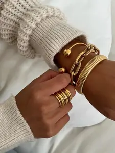 3PCS Golden Bangles For Women Elegant Bangle Chunky Stretch Multi Layer Stacked Metal Chain Bangles Bracelets Flexible Wide Wristband Cuff Bracelets Set Of 3 Jewelry Gifts For Families And Friends,Mother Day Gift,