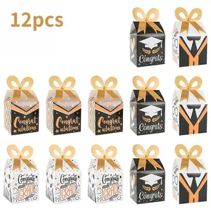 12pcs Bowknot Black And Gold Gift Boxes, 2026 Graduation Decoration Party Favor Candy Boxes, For Candy, Chocolate, And Cookie Supplies