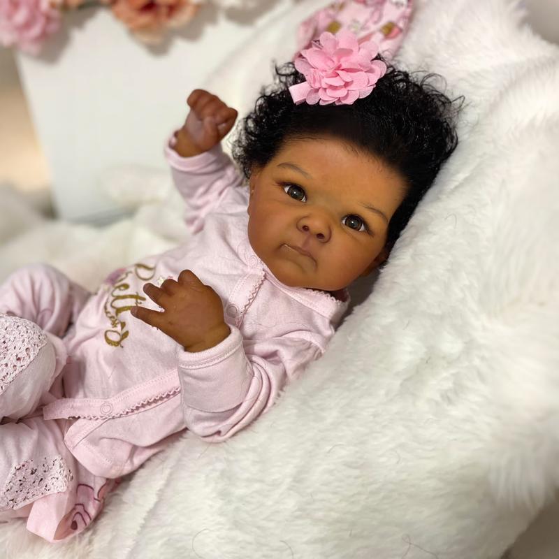 Lifelike Reborn Baby Dolls 18 inch 45 cm Sleeping Mixed Race Black Soft Cloth Body & Curls Realistic-Newborn Dolls African American Real Life Baby Washable Feeding Kit & Gift for Kids