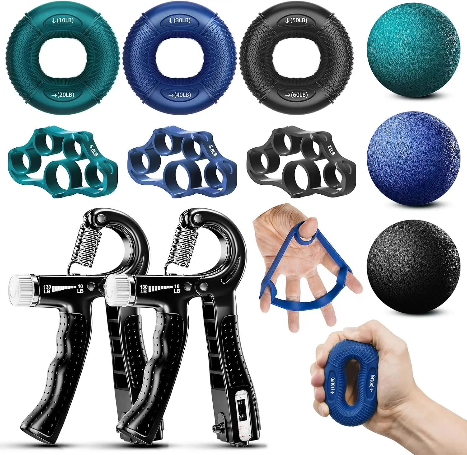 11PCS Hand Strength Training Kit - Adjustable Counting 10-130LB Hand Grippers, Grip Rings, Finger Exercisers, Stress Balls for Forearm Fitness (Sports & Strength Training Accessory)