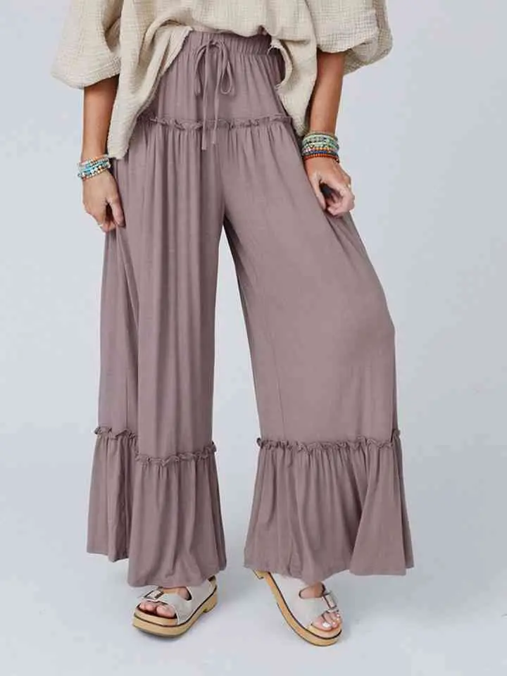 Wide Leg Ruffle Trim Pants