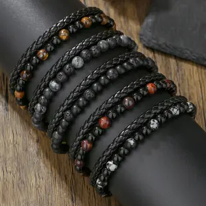 Men's natural volcanic stone leather beaded bracelet, double black magnetic clasp closed loop bracelet, suitable for men and women bracelets