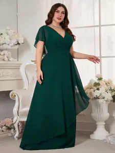 Elegant V-Neck Chiffon Maxi Dress, Plain Fitted Short Sleeve, Ruched Waist, Irregular Hem, Bridesmaid Gown for All Seasons