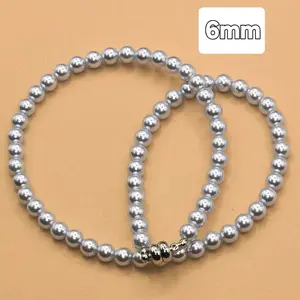Luxury simulate magnetic buckle light blue pearl necklace-16 inches long-6mm round bead-21.3 grams water resistant
