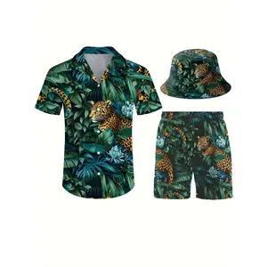Men'S 3pcs Retro Outfit Beach Set, Tiger in Jungle Sportswear, Hawaiian Sportswear Set, Shirt Beach Shorts And Fisherman Hat Bucket Hat