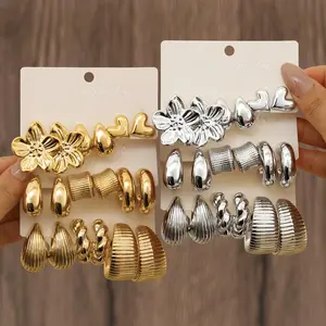 9 Pairs Retro Geometric Earrings Set, Gold/Silver Plated Stainless Steel Hoops, Flower & Heart Studs, Non-Tarnish Stackable Earrings for Women, Vintage Statement Jewelry