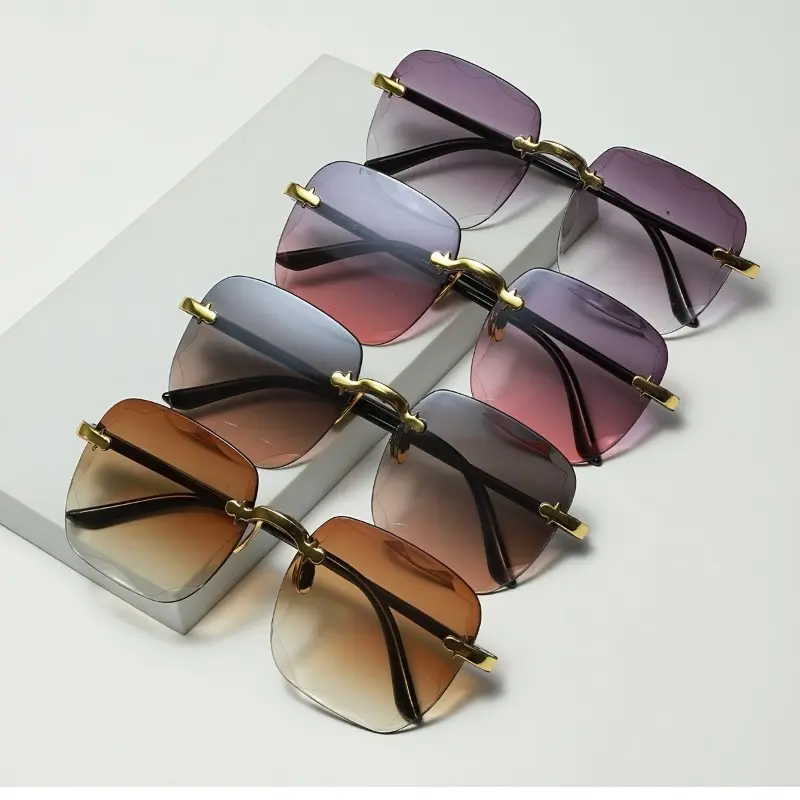 4 Pcs Rimless Modern Trendy Sunglasses for Women & Men, Geometric Design with Gradient Tint, UV400 UV Protective Polarized Fashionable Trendy Styling Eyewear, Uv Protective Sunglasses, Trendy Styling Sunglasses