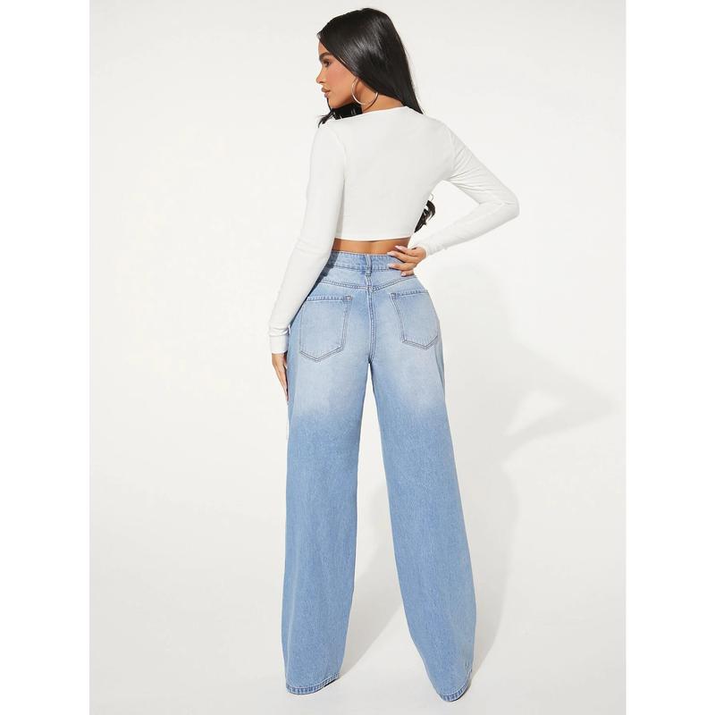 SHEIN SXY Single Button Cut Out Ripped Frayed Wide Leg Jeans SHEIN