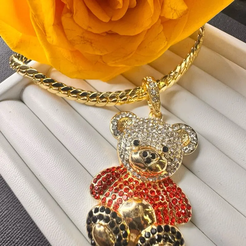 Gold Plated Teddy Bear Pendant Necklace with Red & Black Rhinestones for Women and Girls