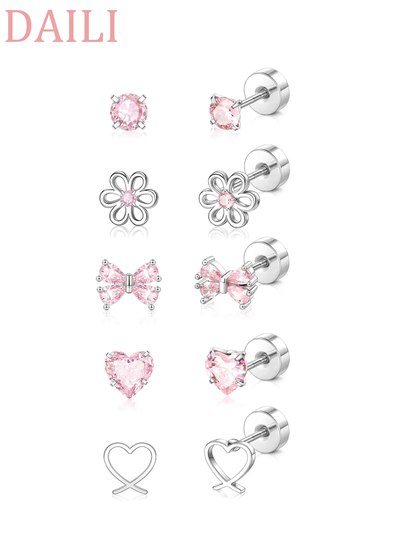 5 Pairs Cute Spiral Fashion Earrings Set for Girls and Ladies, Lightweight Hypoallergenic Stainless Steel, Pink Bow Butterfly Heart Flower Zircon Studs, Earring Stacking Set