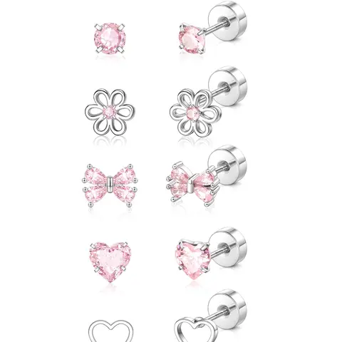 5 Pairs Cute Spiral Fashion Earrings Set for Girls and Ladies, Lightweight Hypoallergenic Stainless Steel, Pink Bow Butterfly Heart Flower Zircon Studs, Earring Stacking Set, Dainty Earring Stacks, Stud Earring Pack