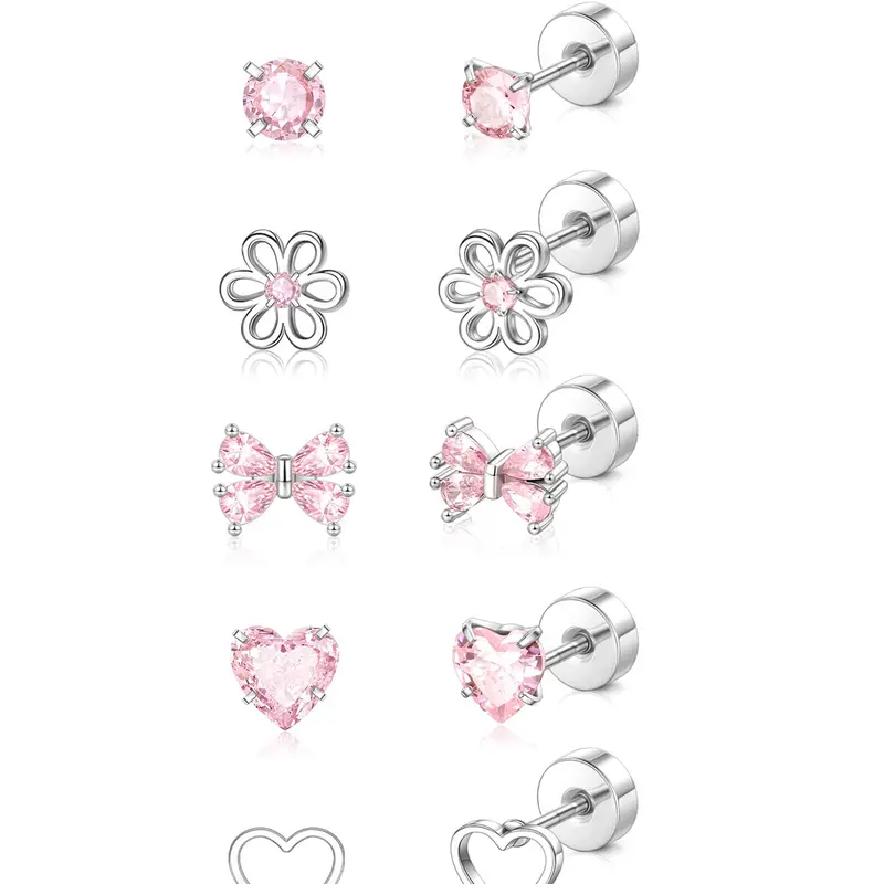 5 Pairs Cute Spiral Fashion Earrings Set for Girls and Ladies, Lightweight Hypoallergenic Stainless Steel, Pink Bow Butterfly Heart Flower Zircon Studs, Earring Stacking Set, Dainty Earring Stacks, Stud Earring Pack