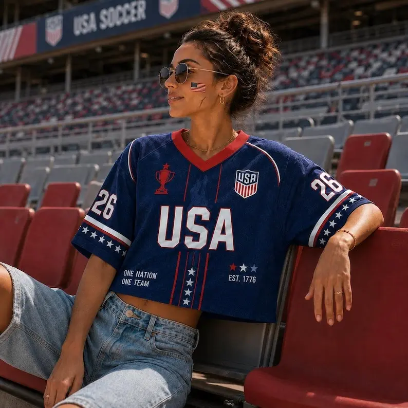 Women's USA Soccer Style Crop Top – Personalized Mesh Jersey, Custom Number Shirt