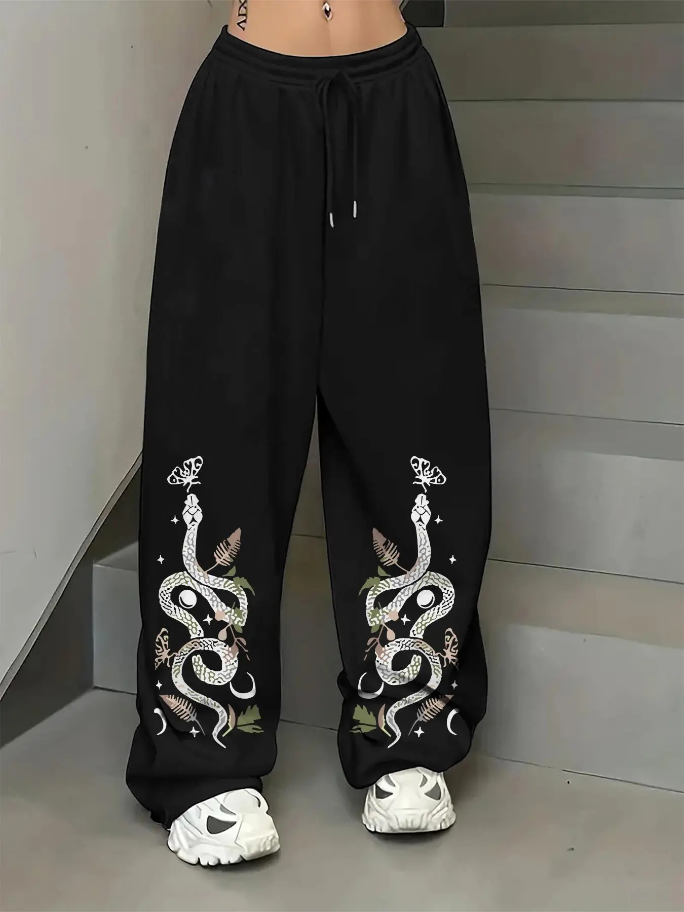 Women's Snake & Butterfly Print Drawstring Waist Sweatpants, Casual Streetwear Pants, Casual Street Fashion Jogger Pants for Daily Wear, Ladies Bottoms for Summer