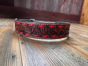 Leather Tooled Dog Collar with Red Buckstitching