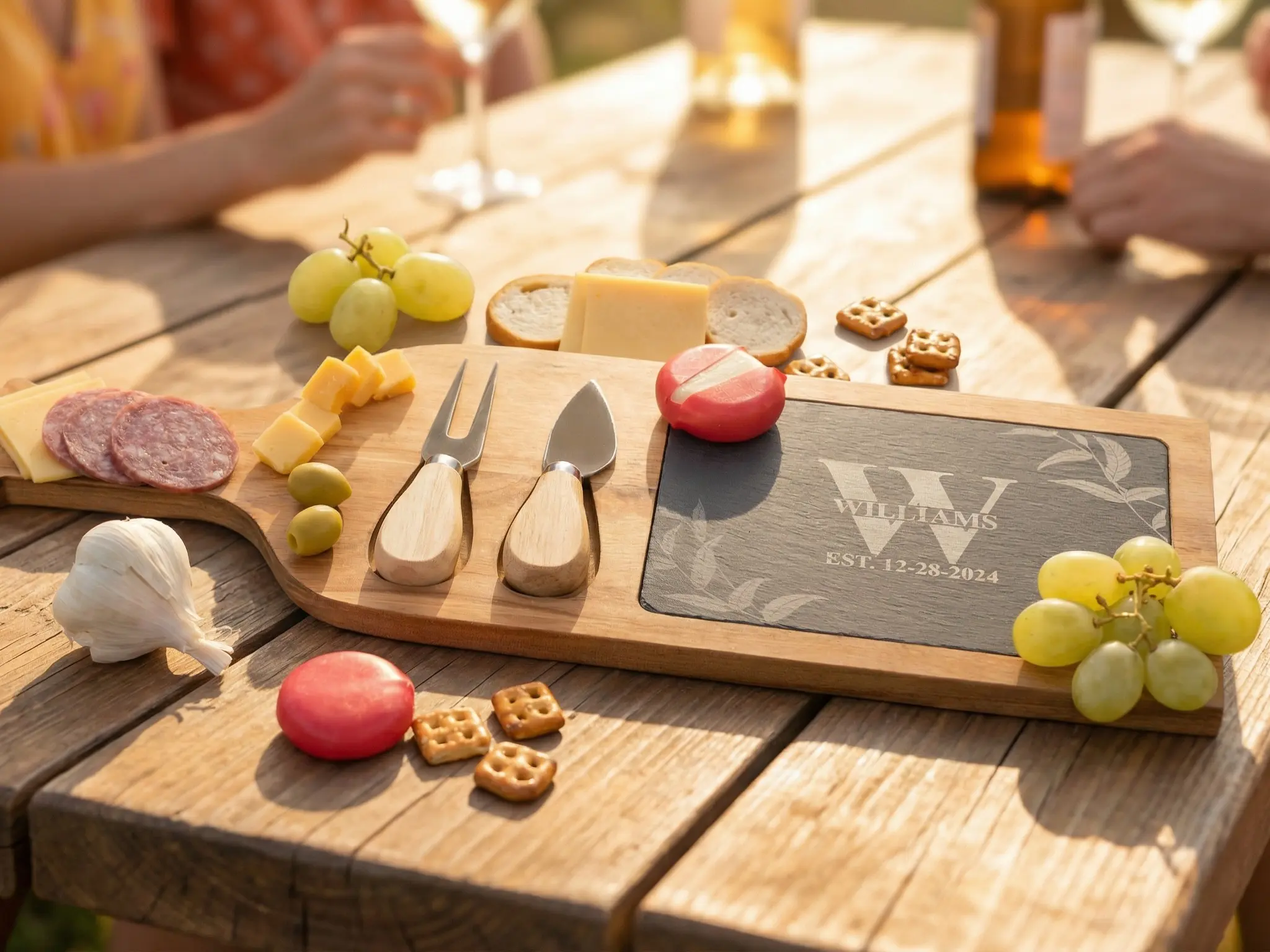 Personalized Acacia Wood Cheese Board Set with Slate, Engraved Charcuterie Serving Tray with Tools