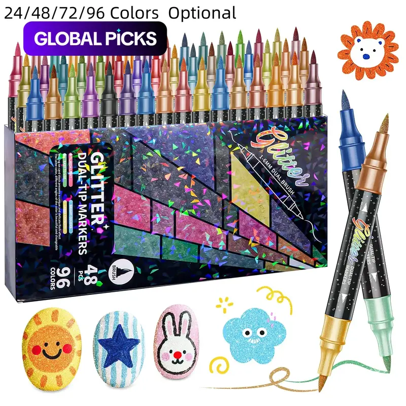 【Black Friday】24/48/72/96/120 Colors Glitter Effect Brush Markers, Dual-Tip Dual-Color 1-5 mm Soft Brush Shimmer Marker for Doodle, Writing, Glitter Art, DIY Crafts, Greeting and Birthday Card Making, Arts and Crafts Supplies #GLOBAL PICKS