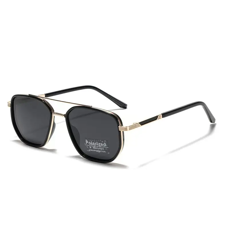 Unisex 2026 Geometric Full-Rim Metal Double-Beam Tac Polarized UV-Protection Sunglasses - Black Silver Frames, Travel, Back to School Spring-Summer Fashion Eyewear Accessories