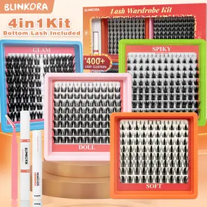 Blinkora 4 in 1 Lash Cluster Wardrobe Kit, 400+ Natural Fluffy Anime Manga Fairy Style Lash Clusters with Bond & Seal, Bottom Lashes Included, Soft Glam to Spiky Glam DIY Reusable Waterproof Long Lasting, Easy Application Eyelash Extension Kit Cosmetic