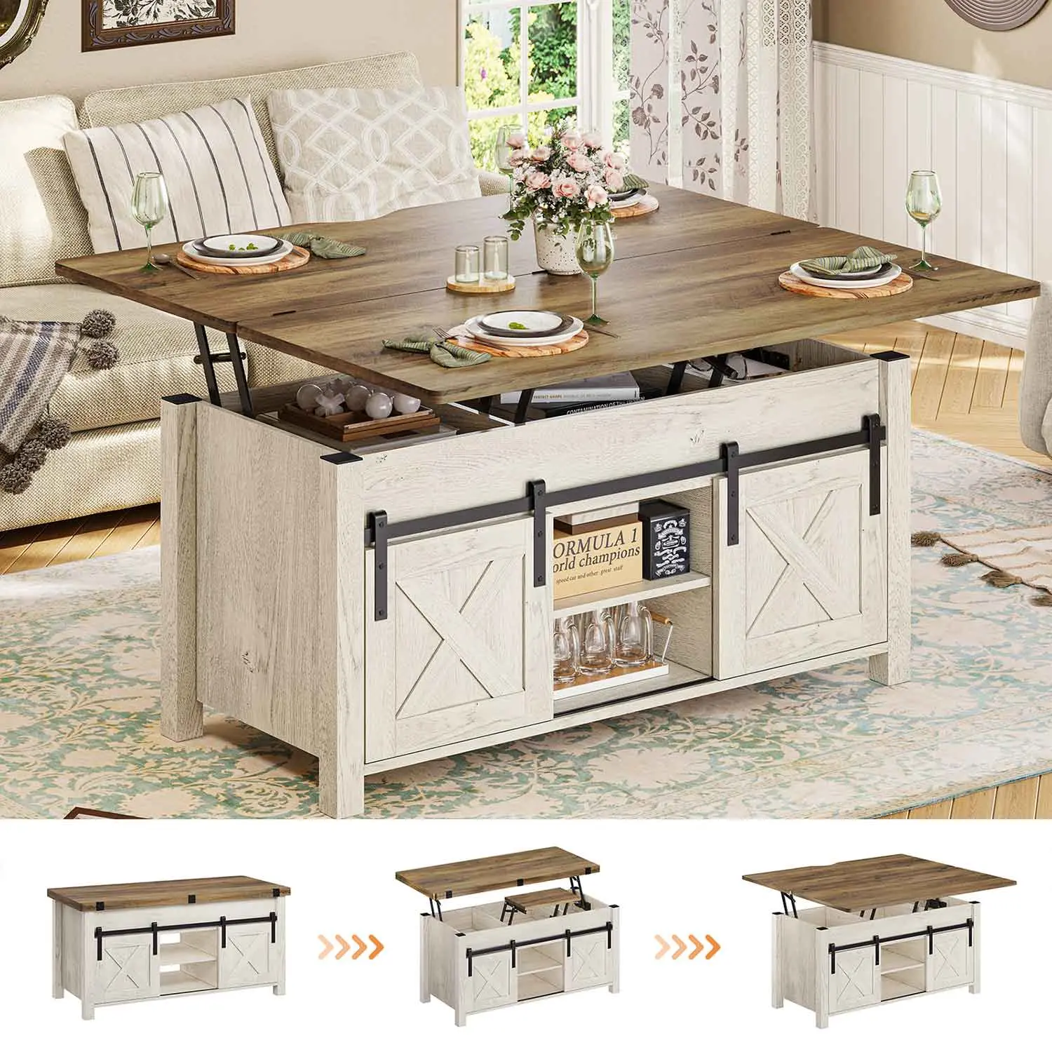 Sedeta 4-in-1 Country Rustic Distressed Oak Farmhouse Style Coffee Table - Lift-Top Convertible Living Room Furniture with Storage Spaces, Hidden Compartment, Sturdy Legs Sedeta 4-in-1 Country Rustic Distressed Oak Farmhouse Style Coffee Table - Lift-Top Convertible Living Room Furniture with Storage Spaces, Hidden Compartment, Sturdy Legs